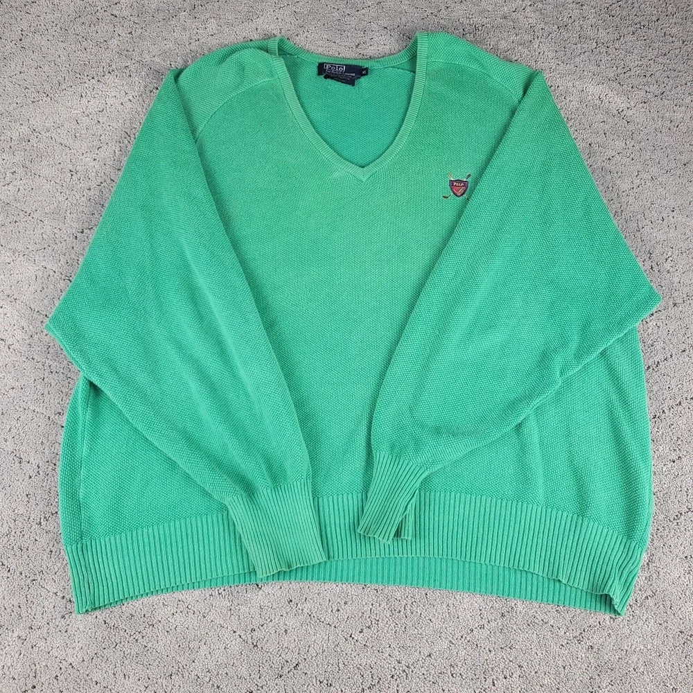 Polo Ralph Lauren Sweater Mens XL Green V Neck Crest Long Sleeve Knit Preppy